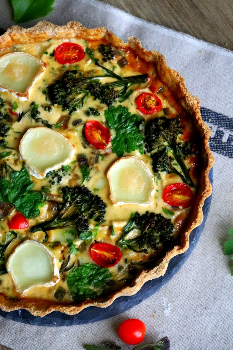 Purple Sprouting Broccoli, Tomato & Goats Cheese Quiche