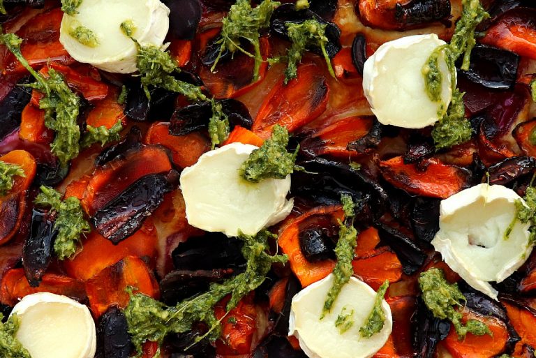 Honeyed Carrot & Goats Cheese Tart with Carrot Top Pesto